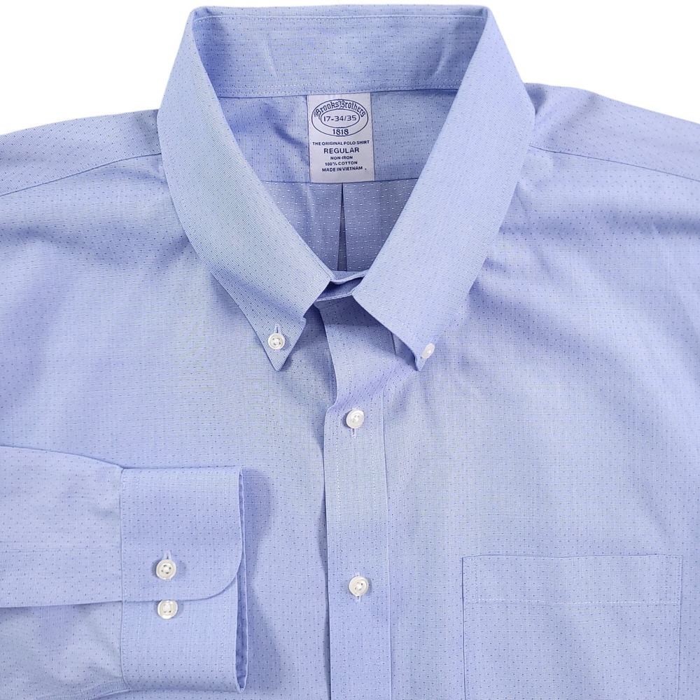 Brooks Brothers Dress Shirt Mens 17 34/35 Blue Spotted Regular Fit Non Iron